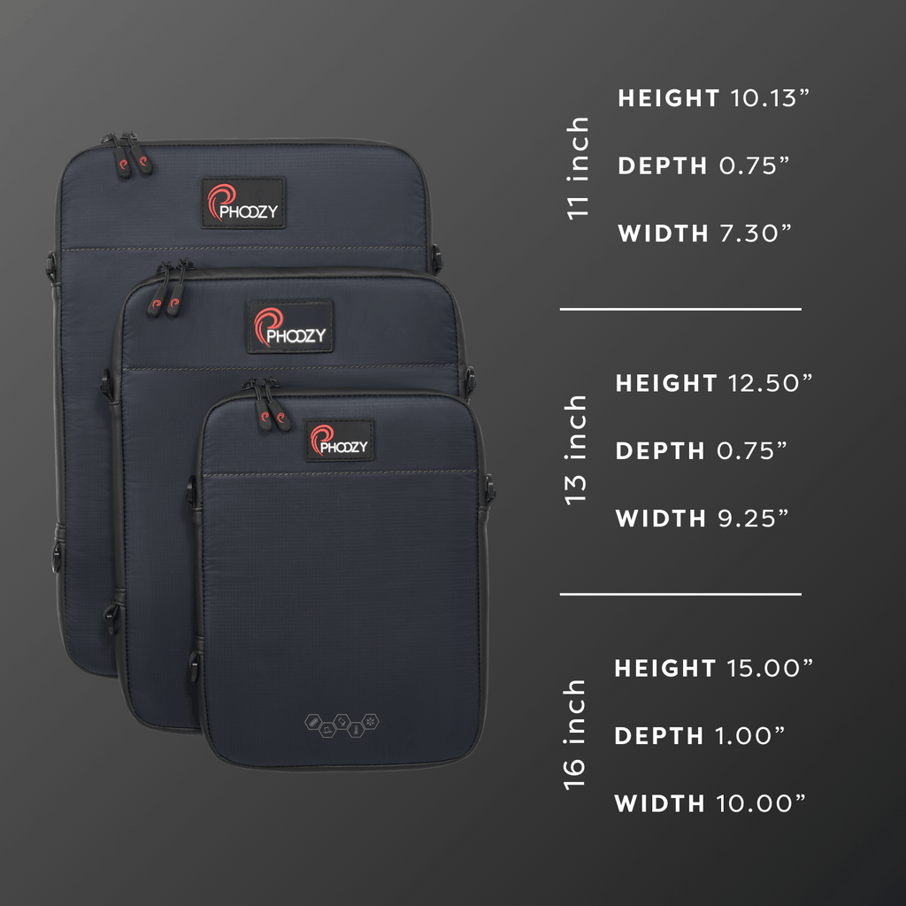 PHOOZY sleeve interior sizing: 11-inch 10.13 x 7.30 x 0.75 in; 13-inch 12.50 x 9.25 x 0.75 in; 16-inch 15 x 10 x 1 in. Measure your device with its case.