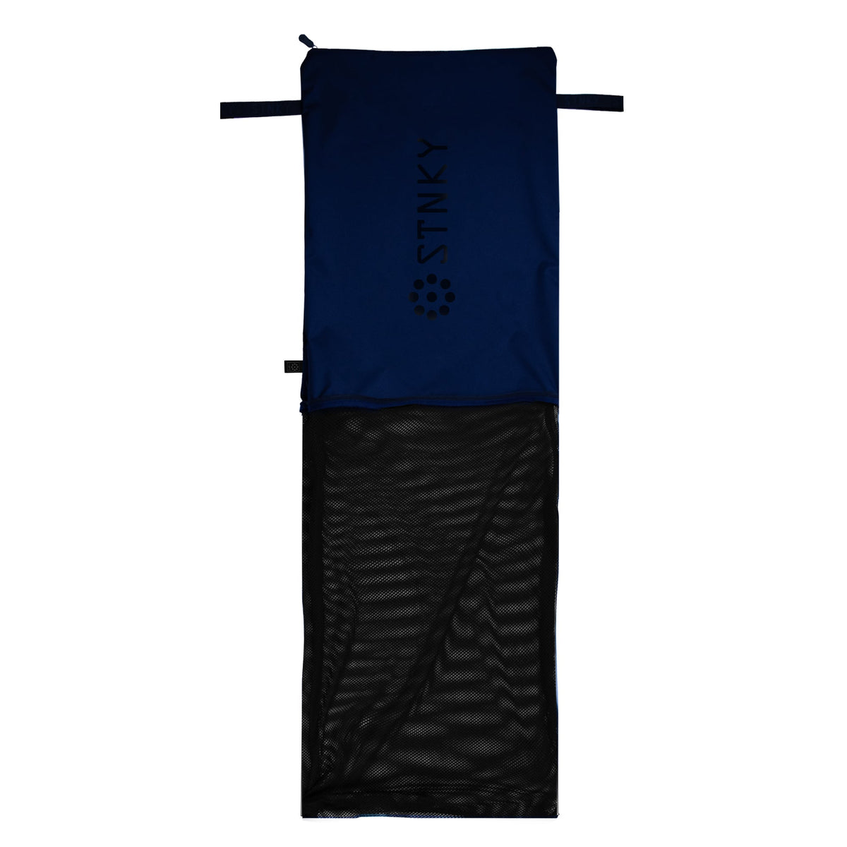 Blue STNKY Bag Pro XL with its bottom zipper open and mesh wash net extended.