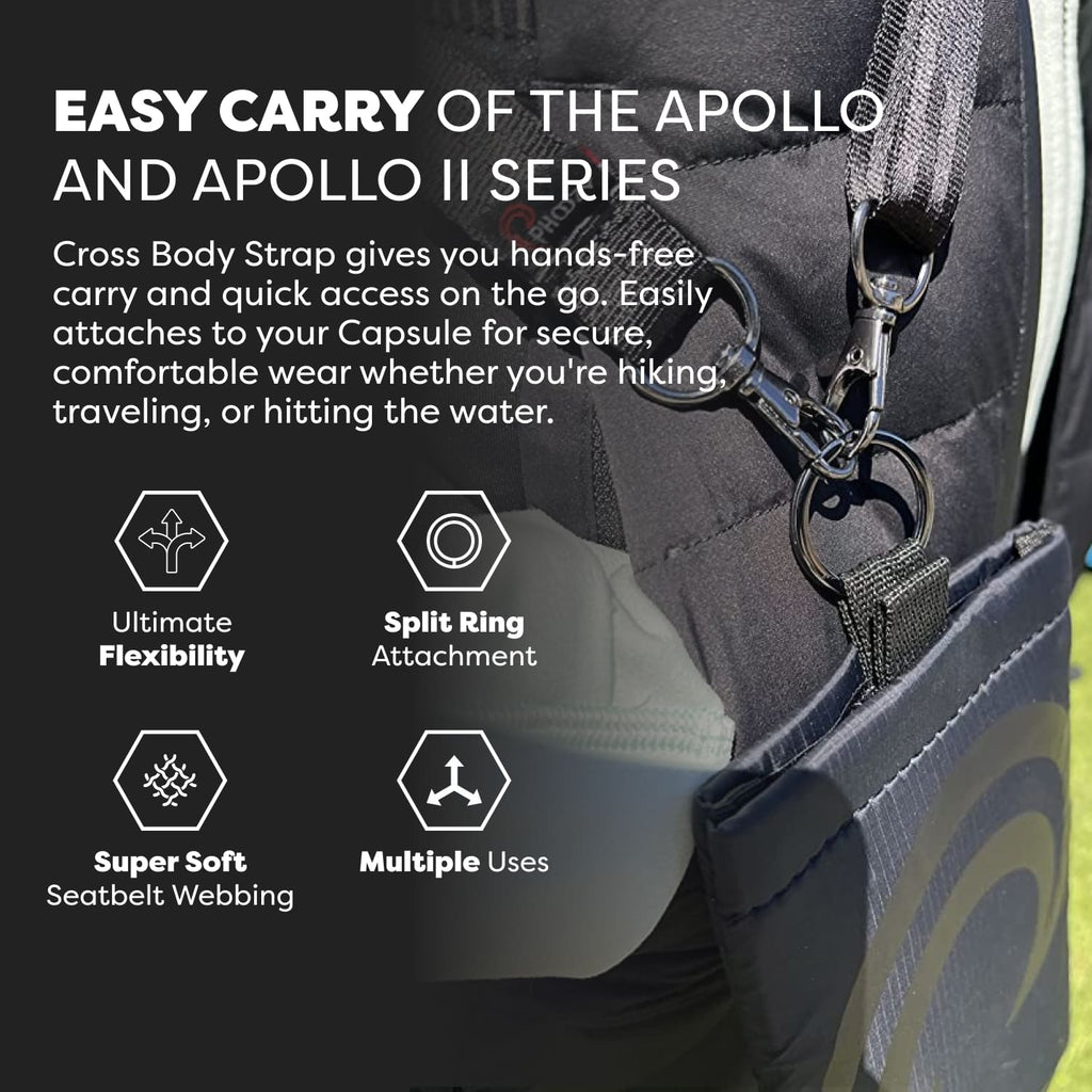 Close-up of the PHOOZY Go Strap clip and split ring attached to an Apollo-series phone capsule; capsule sold separately.