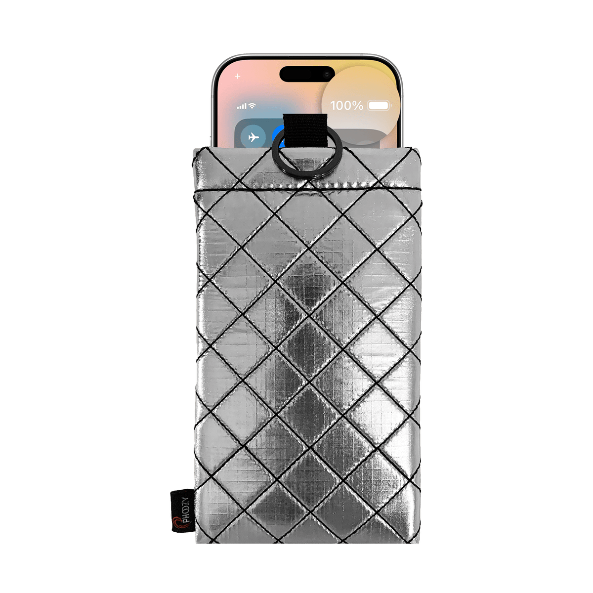 Silver PHOOZY Apollo II quilted phone sleeve shown with a phone partly inserted; phone not included.