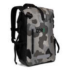 Camo COR 25L roll-top dry backpack shown from the front and side, with exterior zip pocket, mesh side pocket and shoulder straps.